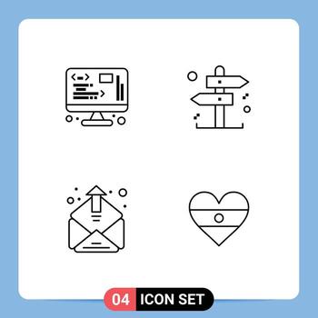 paquete de 4 signos y símbolos modernos de colores planos de línea rellena para medios de impresión web, como la dirección web de la bandeja de entrada de datos, elementos de diseño de vectores editables indios
