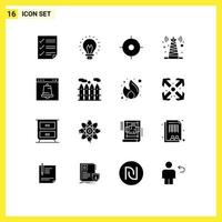 Group of 16 Modern Solid Glyphs Set for alert satellite light tower signal Editable Vector Design Elements