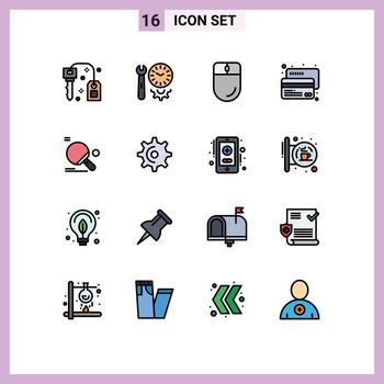User Interface Pack of 16 Basic Flat Color Filled Lines of racket credit tools card mouse Editable Creative Vector Design Elements