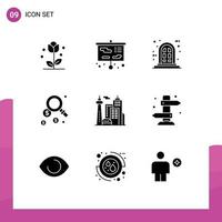 Universal Icon Symbols Group of 9 Modern Solid Glyphs of landmark architecture study find dollar Editable Vector Design Elements