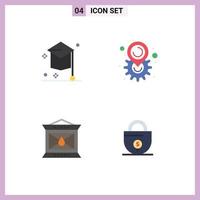 conjunto moderno de 4 iconos y símbolos planos, como elementos de diseño vectorial editables de linterna de ubicación de sombrero de fuego universitario vector