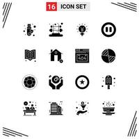 16 Thematic Vector Solid Glyphs and Editable Symbols of book pause bulb media light Editable Vector Design Elements