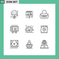 Universal Icon Symbols Group of 9 Modern Outlines of friends publicity bag promotion billboard advertisement Editable Vector Design Elements