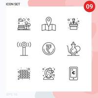 9 Universal Outlines Set for Web and Mobile Applications inr finance presentation currency wifi Editable Vector Design Elements