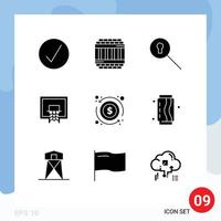 Pictogram Set of 9 Simple Solid Glyphs of dollar net keyhole pole basketball Editable Vector Design Elements