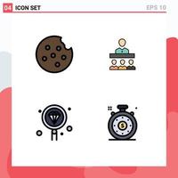 conjunto moderno de 4 colores planos y símbolos de línea de llenado, como elementos de diseño vectorial editables del reloj de codificación del equipo de programación de cookies vector