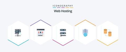 paquete de 25 iconos planos de alojamiento web que incluye almacenamiento. servidor. llave inglesa. base de datos. apoderado vector