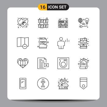 16 Universal Outlines Set for Web and Mobile Applications encrypted map music delete earth Editable Vector Design Elements