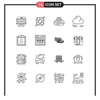 16 Universal Outlines Set for Web and Mobile Applications text clipboard bowls crescent wind Editable Vector Design Elements