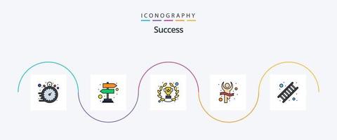 la línea de éxito llenó el paquete de iconos planos 5 que incluye la escalera hacia arriba. la raza. lograr. ganador. premio vector