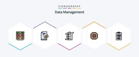 paquete de iconos de 25 líneas completas de gestión de datos que incluye verificación. pastilla. Nota. hardware. Marcos vector