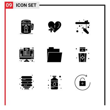 9 Universal Solid Glyphs Set for Web and Mobile Applications folder online plus list wish list Editable Vector Design Elements