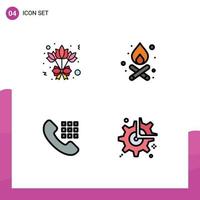 Mobile Interface Filledline Flat Color Set of 4 Pictograms of bouquet keys bonfire call cog Editable Vector Design Elements