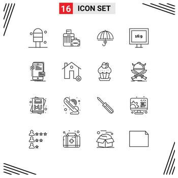 Group of 16 Modern Outlines Set for frontend display financial aspect ratio security Editable Vector Design Elements