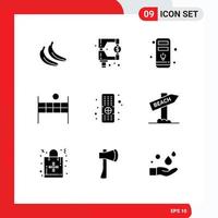 Set of 9 Commercial Solid Glyphs pack for sign tv cpu remote volleyball Editable Vector Design Elements