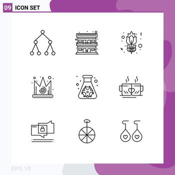 Set of 9 Vector Outlines on Grid for pollution flask flower king crown Editable Vector Design Elements