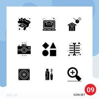 Mobile Interface Solid Glyph Set of 9 Pictograms of shapes bricks house vintage camera photography Editable Vector Design Elements