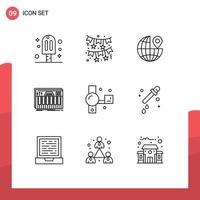 Group of 9 Modern Outlines Set for camera sound globe midi keyboard Editable Vector Design Elements