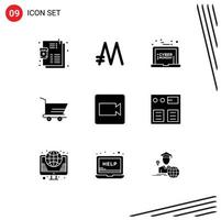 Set of 9 Commercial Solid Glyphs pack for video camera laptop trolley cart Editable Vector Design Elements