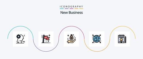 New Business Line Filled Flat 5 Icon Pack Including document. network. budget. globe. connected
