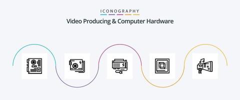 Paquete de íconos de línea 5 de producción de video y hardware de computadora que incluye cpu. chip. poder. fuente. computadora vector