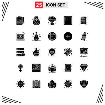 grupo de 25 glifos sólidos modernos establecidos para elementos de diseño vectorial editables de código de terminal de aventura de contabilidad de equilibrio vector