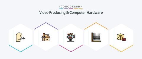 paquete de iconos de 25 líneas completas de producción de video y hardware de computadora que incluye edición. color. medios de comunicación. profesional. película vector