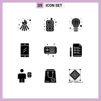 Pack of 9 Modern Solid Glyphs Signs and Symbols for Web Print Media such as file hobbies parachute ticket education Editable Vector Design Elements