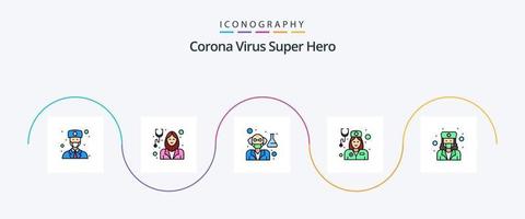 la línea de superhéroes del virus de la corona llenó el paquete de iconos de 5 planos, incluida la enfermera. femenino. médico. femenino. médico vector