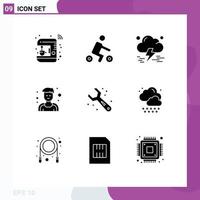 Modern Set of 9 Solid Glyphs and symbols such as plumbing sportsman transport man thunderstorm Editable Vector Design Elements