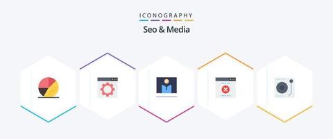 seo y media 25 paquete de iconos planos que incluye medios. equivocado. transmisión. SEO jugador vector