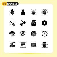 Set of 16 Vector Solid Glyphs on Grid for screw fixer repair coffee public transport Editable Vector Design Elements