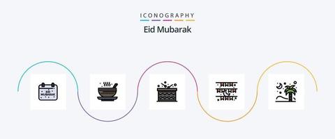 la línea de eid mubarak llenó el paquete de iconos flat 5 que incluye decoración. bandera. té. luna. anuncio vector