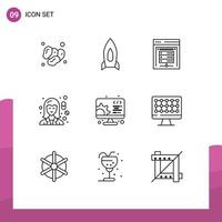 User Interface Pack of 9 Basic Outlines of pharmacy female startup chemist data server Editable Vector Design Elements