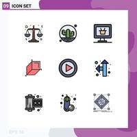 Modern Set of 9 Filledline Flat Colors Pictograph of play multimedia monitor control cuboid Editable Vector Design Elements