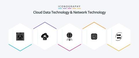 Cloud Data Technology And Network Technology 25 Glyph icon pack including chart. hardware. globe . computer. cpu vector