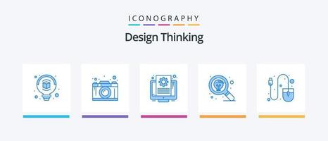 Design Thinking Blue 5 Icon Pack Including computer. search. document. idea. design. Creative Icons Design vector