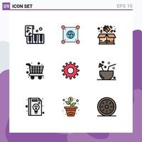 Pack of 9 Modern Filledline Flat Colors Signs and Symbols for Web Print Media such as coconut gear package cog supermarket Editable Vector Design Elements