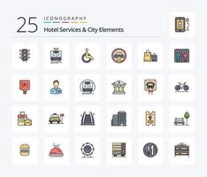 Hotel Services And City Elements 25 Line Filled icon pack including bag . decoration. weelchair. building. column vector