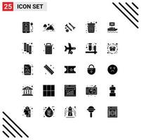 Modern Set of 25 Solid Glyphs and symbols such as brexit dustbin sun delete tool Editable Vector Design Elements