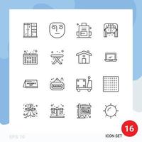 Set of 16 Commercial Outlines pack for vacation calendar bag window home Editable Vector Design Elements