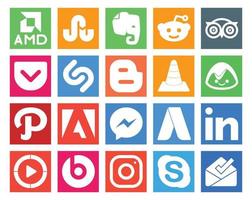 Paquete de 20 íconos de redes sociales, incluido el blogger de messenger de linkedin, adobe basecamp vector