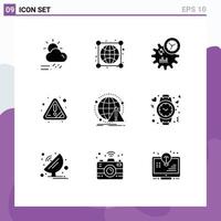 9 Thematic Vector Solid Glyphs and Editable Symbols of alert attention connections warning process Editable Vector Design Elements