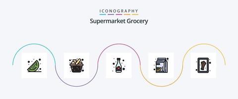 la línea de comestibles llenó el paquete de iconos planos 5 que incluye la pierna. paquete bebida. naranja. Fruta vector