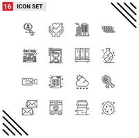 User Interface Pack of 16 Basic Outlines of wall firewall heart city business Editable Vector Design Elements