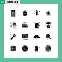 Modern Set of 16 Solid Glyphs Pictograph of summer holiday hospital day crown Editable Vector Design Elements