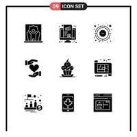 Group of 9 Solid Glyphs Signs and Symbols for hand heart chart timer target Editable Vector Design Elements