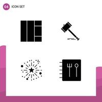 Mobile Interface Solid Glyph Set of 4 Pictograms of grid celebrate auction hammer salute Editable Vector Design Elements