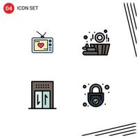 Pictogram Set of 4 Simple Filledline Flat Colors of television travel movie basket padlock Editable Vector Design Elements