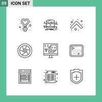 Pack of 9 creative Outlines of app tap monitoring movie direction Editable Vector Design Elements